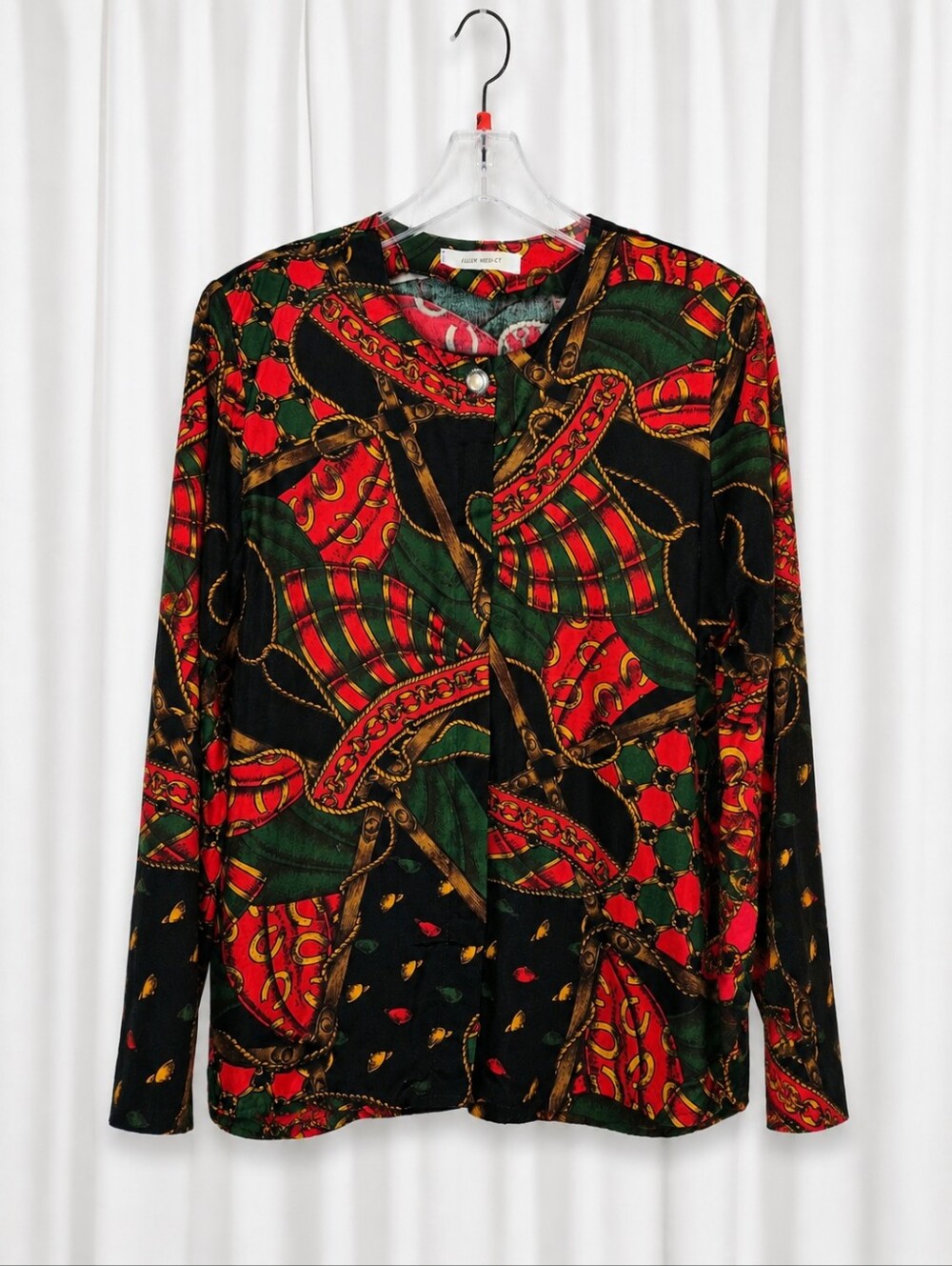 Ellen Ashley 90s Jewel Tone Equestrian Scarf Print Blouse Statement Pearl Button